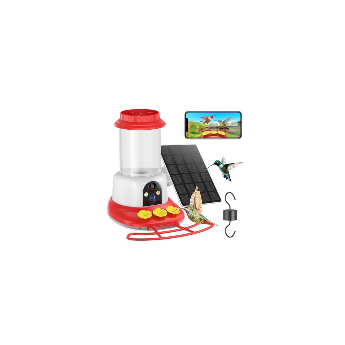SEHMUA Smart Hummingbird Feeder with Camera, Solar Powered Bird Cam with 1 Year Trial AI Identify, Ant Moat & Bee Proof, Outdoor Hanging, Gift for Bird Watching