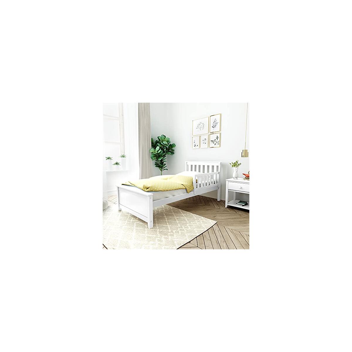 Max & Lily Twin Bed, Bed Frame with Headboard For Kids with 1 Guard Rail, Slatted, White