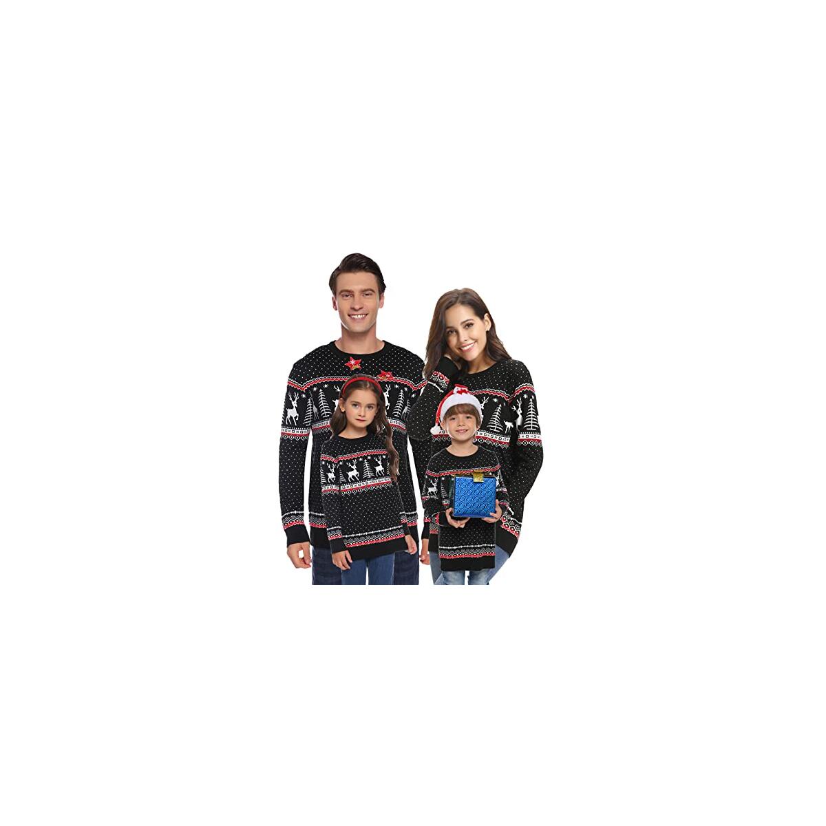 Totatuit Family Matching Christmas Sweater Elk Christmas Tree Print Pullover Tops Ugly Knitted Knitwear
