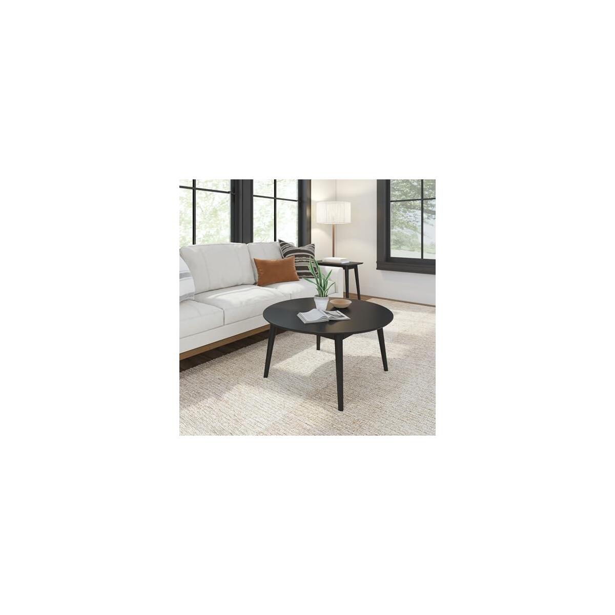 Plank+Beam Mid Century Modern Coffee Table, 36 Inch Wood Coffee Tables for Living Room, Round Center Table, Cocktail Table for Small Spaces, Black
