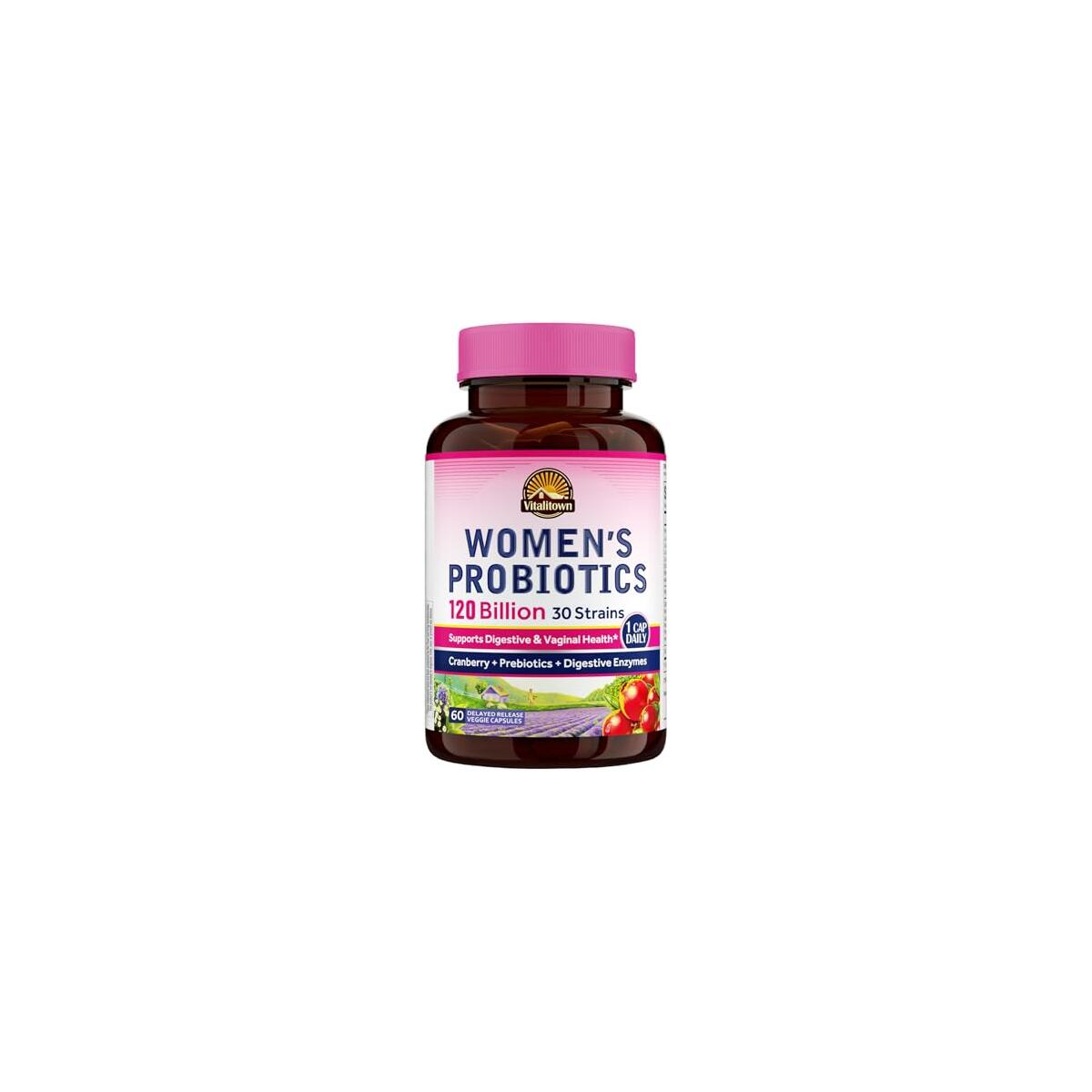 Vitalitown Probiotics for Women 120 Billion CFUs, 30 Strains, with Prebiotics & Digestive Enzymes & Cranberry, Gut & Vaginal Health, Vegan 60 (Pack of 1) Delayed Release Caps