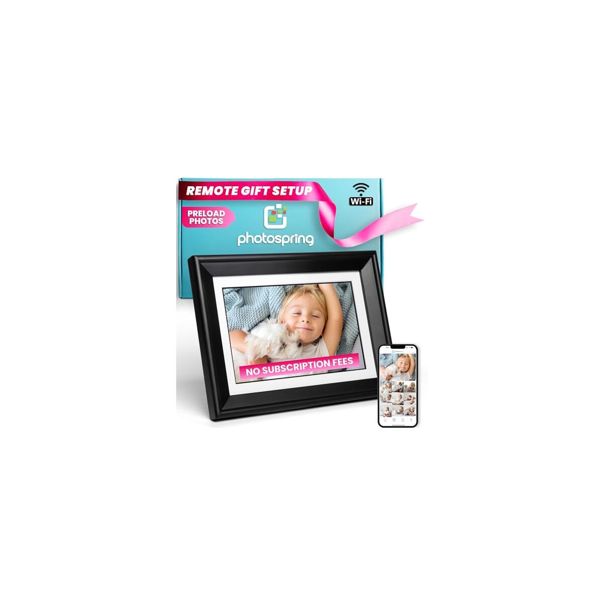 PhotoSpring No Subscription, 10in WiFi Digital Picture Frame, Email App Web, USA Company, 32gb Touch Screen, Play Videos up to 5min