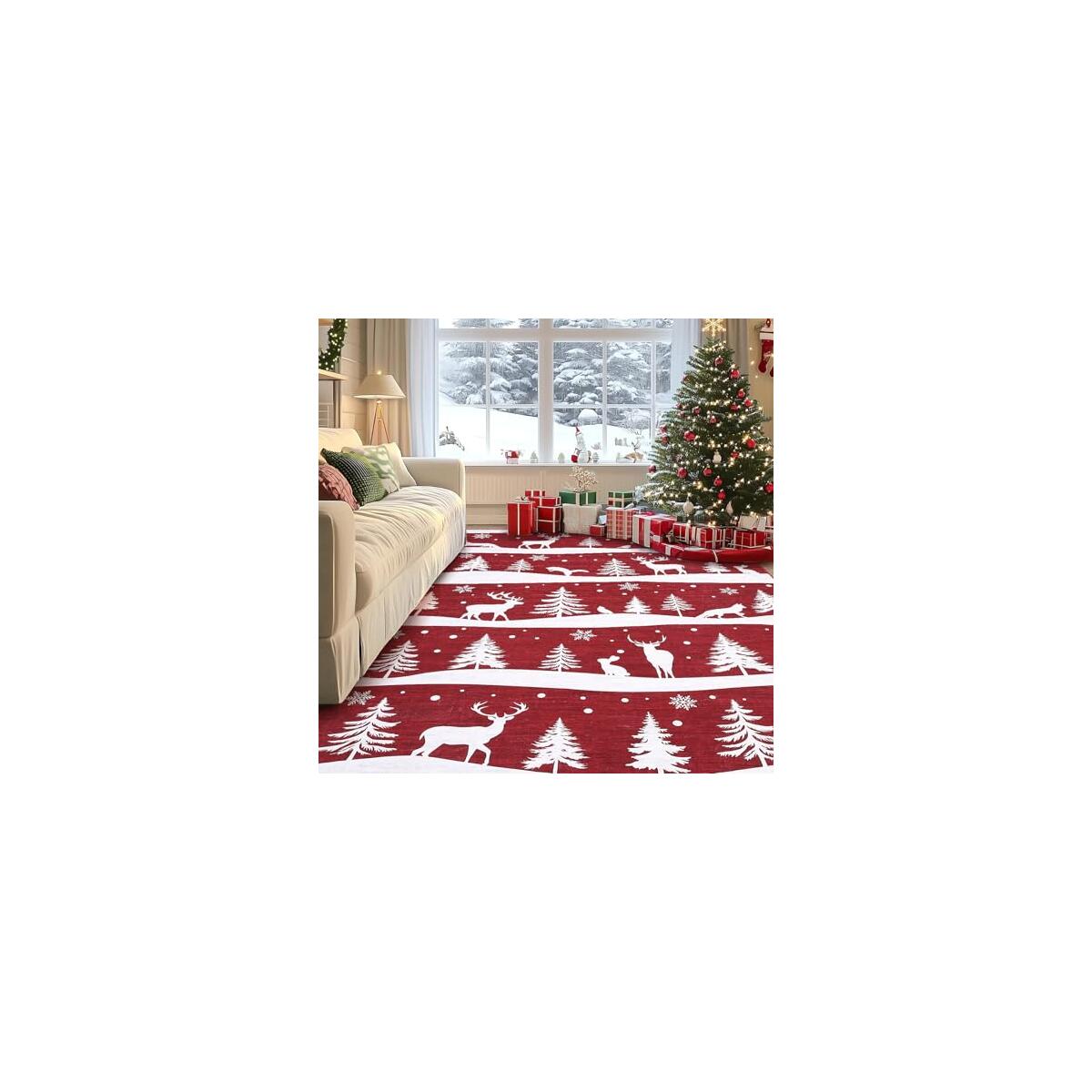 GarveeHome Red 8x10 Area Rugs for Living Room, Washable Rug for Home Decor, Indoor Non Slip Carpet, Soft Low Pile Christmas Rug with Xmas Tree Reindeer Snowflake for Bedroom, Dining Room