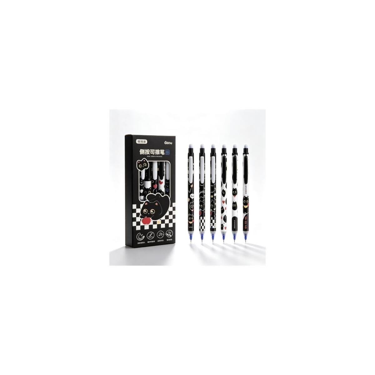 Kawaii Black Cat Erasable Gel Pens 0.5mm Blue Ink, 6 Pack | Side Click Retractable, Heat Friction Eraser, ST Smooth Nib, Assorted Cat Patterns, For Students & Office