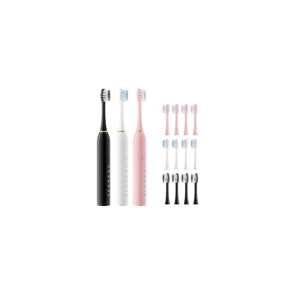 Dnil 3 Pack Sonic Electric Toothbrush Set, 42000 VPM High-Frequency Vibrations, 6 Brushing Modes with Smart Timer, 12 Replacement Heads Included for Deep Cleaning and Gum Care【Black+White+Pink】
