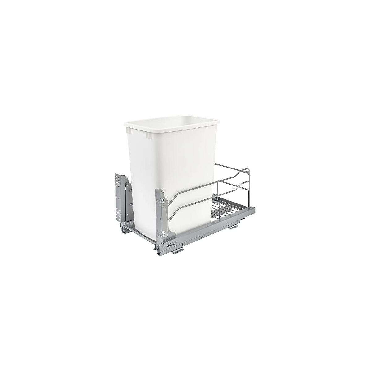 Rev-A-Shelf Pullout Trash Can for Base Kitchen Cabinets 35 Quart 8.75 Gallon with Soft-Close Slides and Rear Storage, White, 53WC-1535SCDM-111
