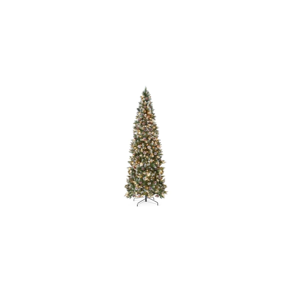 Best Choice Products 9ft Pre-lit Pencil Christmas Tree, Partially Flocked & Frosted Slim Holiday Tree Decoration, Skinny Xmas Tree, 450 Lights, 1,298 Frosted Tips, 82 Pine Cones, Foldable Stand