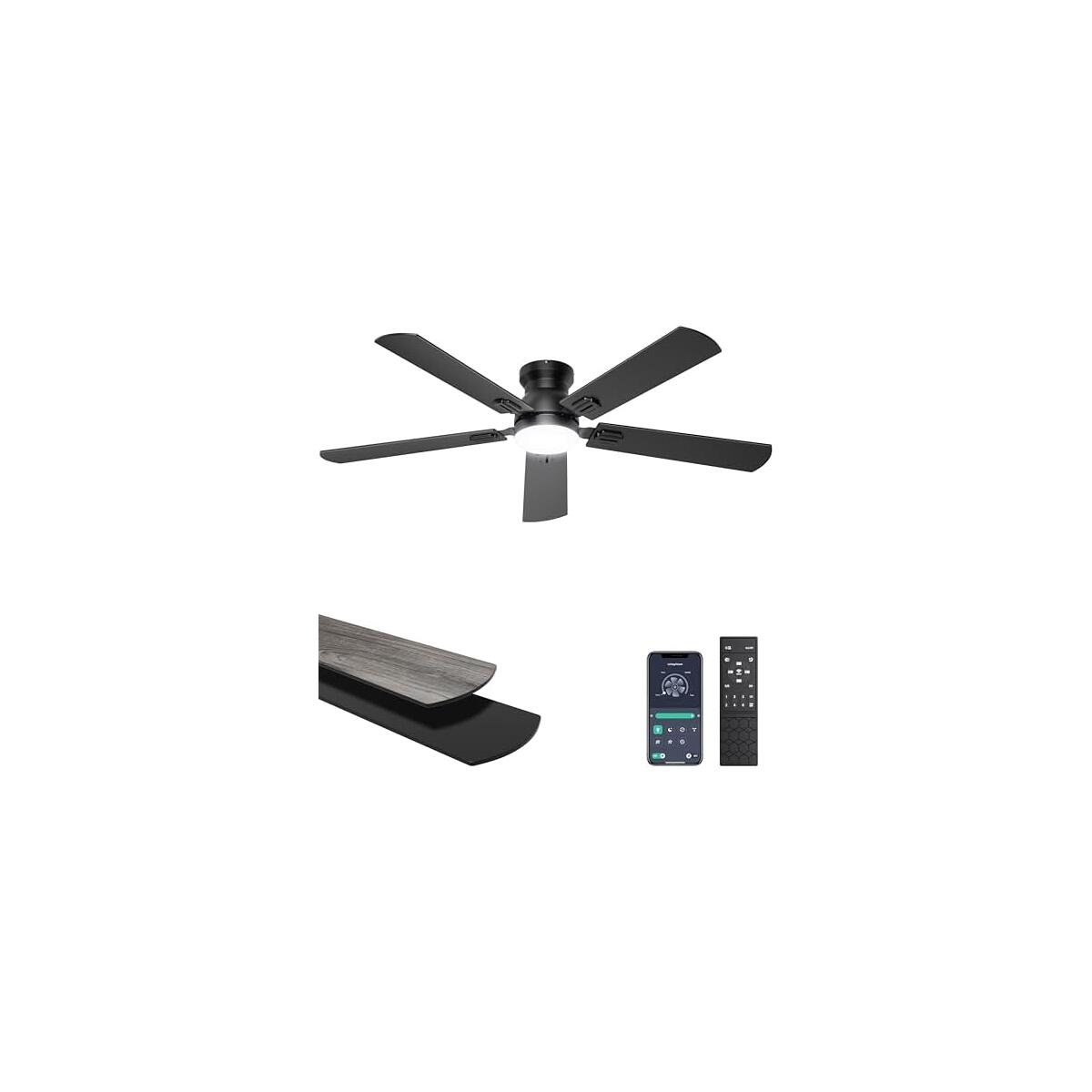 Ohniyou Ceiling Fans with Lights, 52 Inch Low Profile Ceiling Fan with Light and Remote/APP Control, Flush Mount, Dimmable, Qiuet DC Motor, Black Ceiling Fan for Bedroom, Living Room