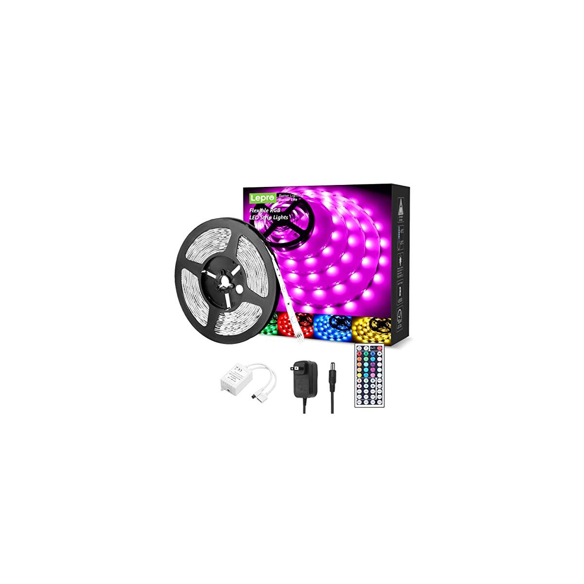 Lepro RGB LED Strip Lights, Christmas Decor, 16.4ft Flexible LED Light Strip, 5050 SMD LED, Color Changing Rope Light with Remote Controller and 24V Power Supply for TV Backlight, Home, Bedroom, Bar