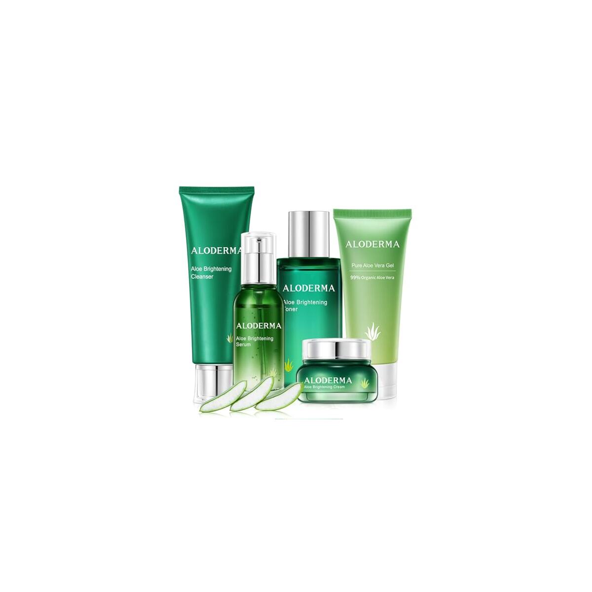 Aloderma Signature Aloe Brightening Set - 6 Pieces - Gel, Cleanser, Toner x2pcs, Serum, Cream