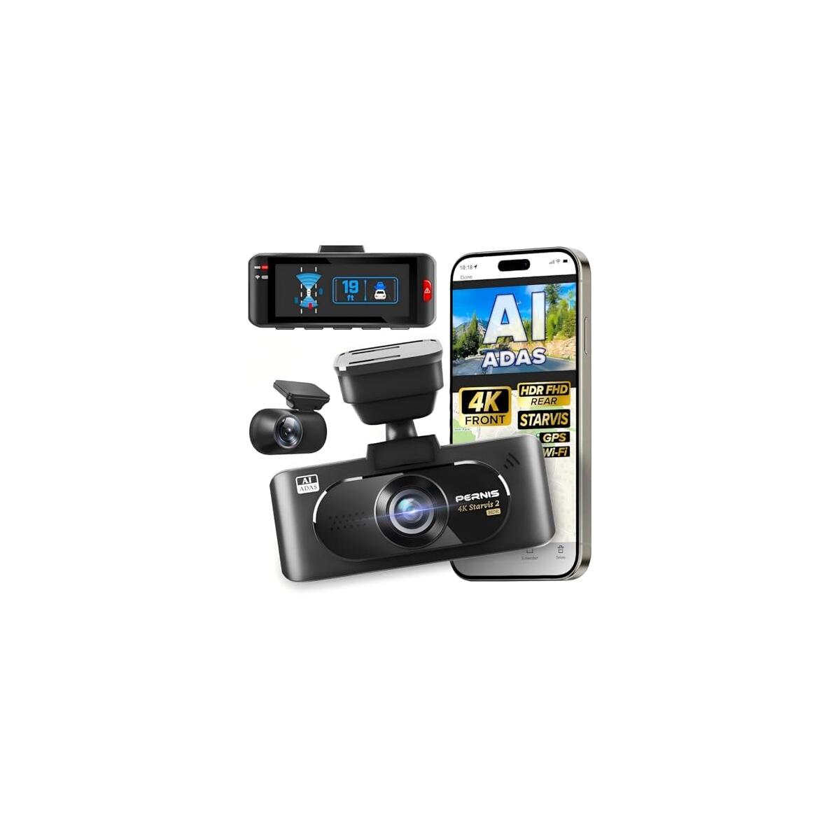4K AI Dash Cam Front and Rear with Driver Monitor System, STARVIS Sensors, GPS, Night Vision, Rear FHD HDR Wide Angle, 3.16&rdquo; IPS, 64GB Card Included, Emergency Lock, Parking Mode