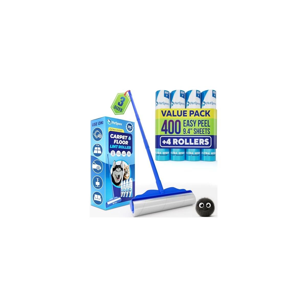 PetLovers Large Lint Roller with 3 Refills &ndash; 400 Total Sheets for Tackling Pet Hair, Extra Large Floor and Carpet Roller for Homes with Pets, Perfect for Floors, Furniture, and Loving Pet Owners
