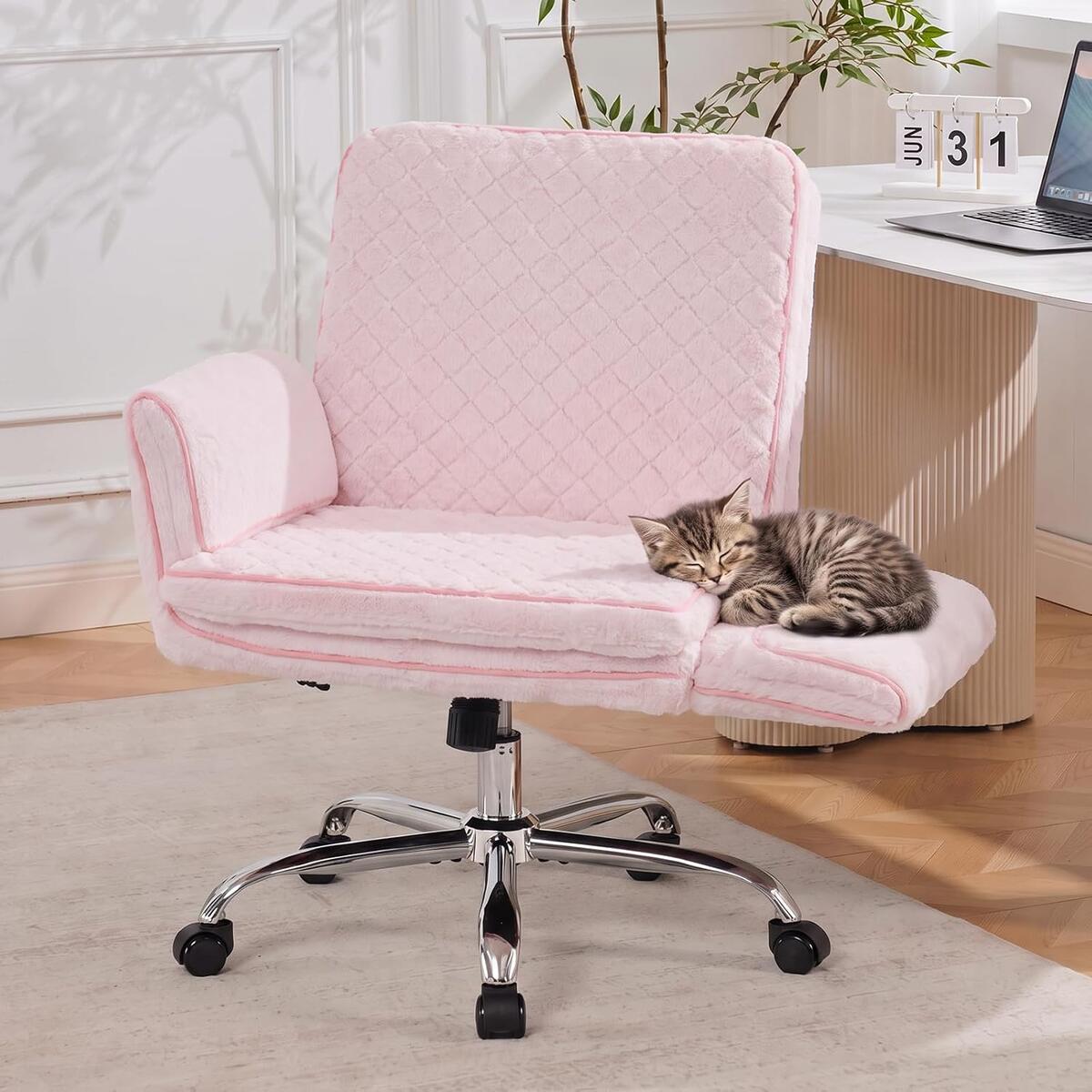 Fluffy Office Chair with 5-Gear Folding Armrests, Criss Cross Chair Pink
