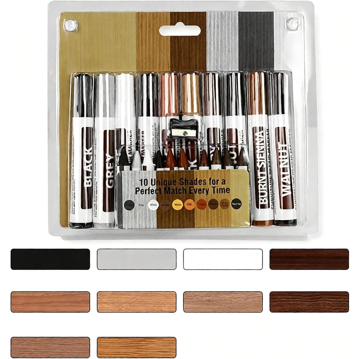 Wood Furniture Repair Markers Kit with Wax Sticks, 10 Colors