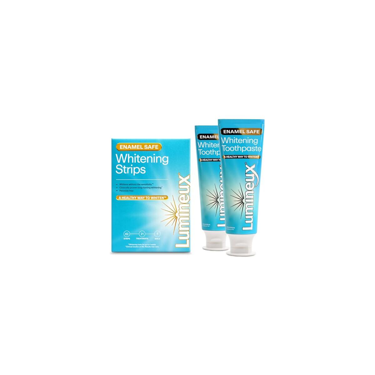 Lumineux Whitening Duo Set – Peroxide Free - Enamel Safe for Whiter Teeth – Includes 21 Whitening Treatments & 2 Pack Whitening Toothpaste, Fluoride Free & Dentist Formulated