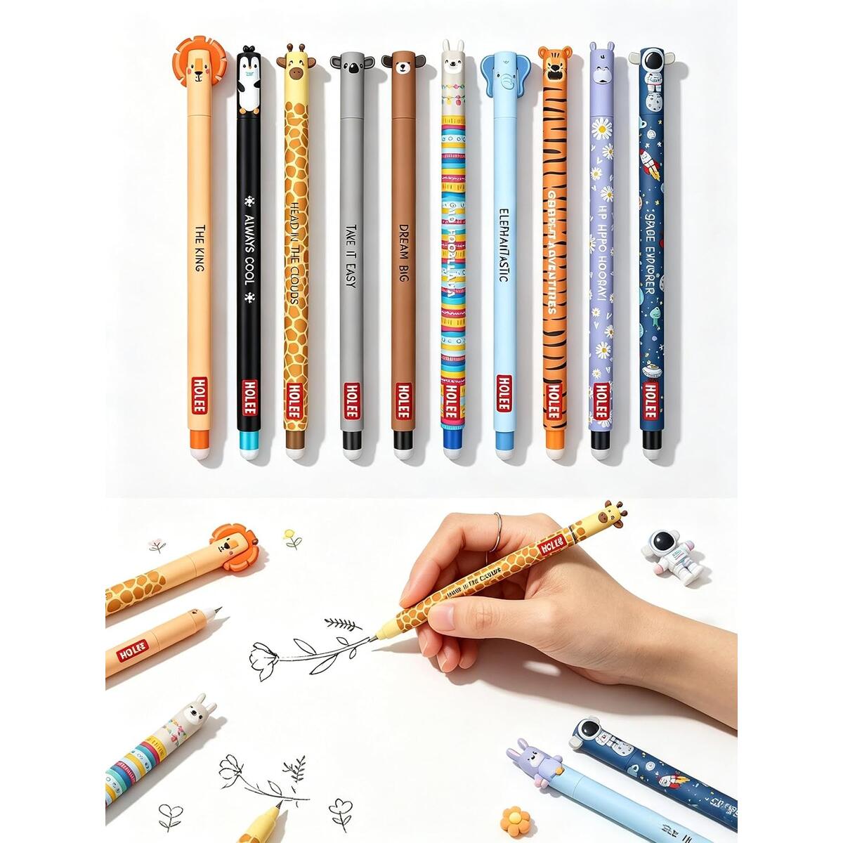 Erasable Ballpoint Gel Pens 0.7mm with Animal Motifs, 10 Pack, Blue