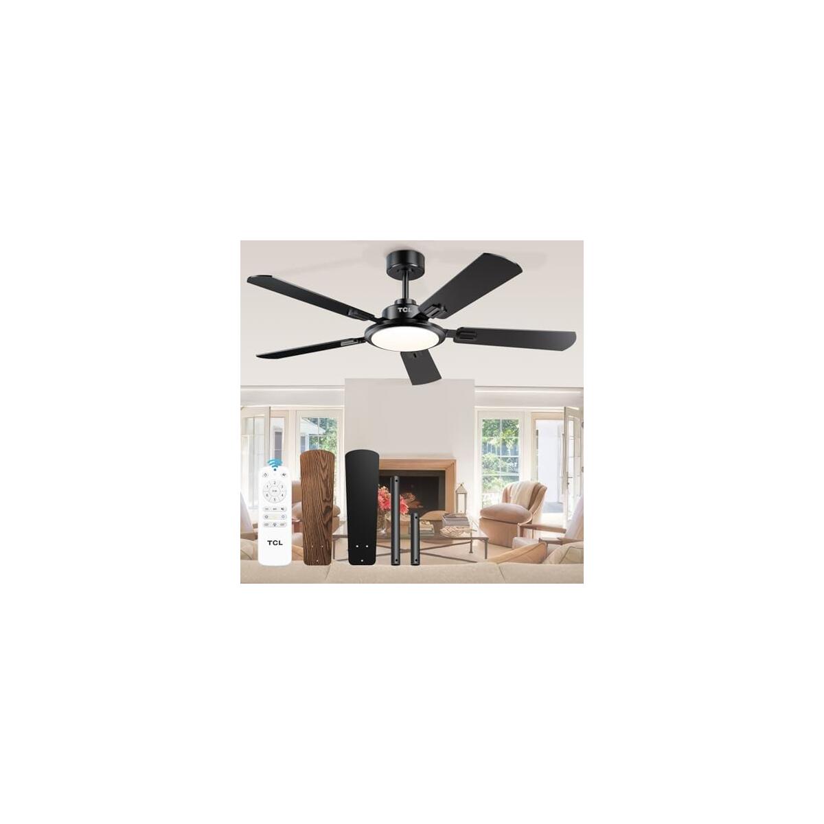 TCL Ceiling Fans with Lights, 52 Inch Ceiling Fan with Light and Remote Control, Reversible DC Motor, Noiseless, Dimmable 36W LED, Modern Ceiling Fan for Bedroom Living Room (Black)
