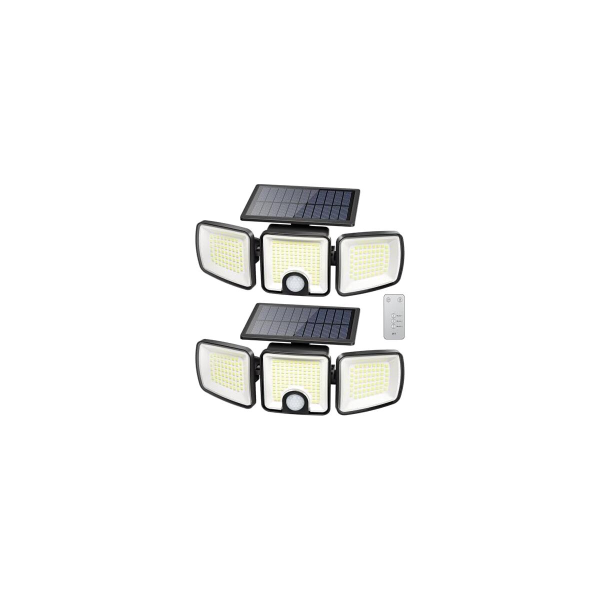 Brightown 2 Pack Solar-Security-Flood-Outdoor-Lights-with-Motion-Sensor, 223 LED 3 Head 270&deg; Angle Street Area Security Lights with Remote, IP65 Waterproof Wall Lights with 3 Modes for Yard Outside