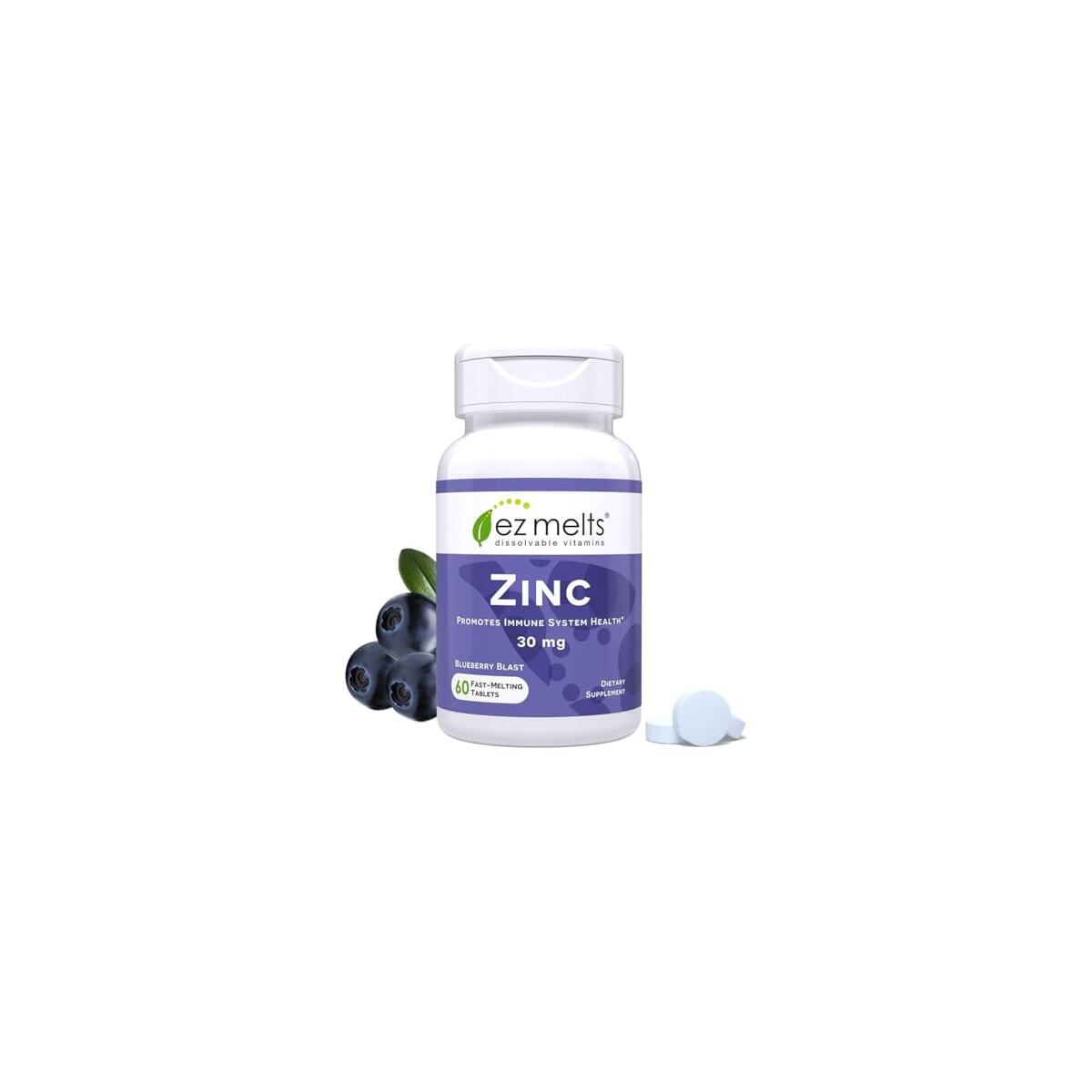 EZ Melts Zinc - Supplement for Immune, Digestive & Skin Health Support - Non-GMO, Vegan & Gluten-Free - Blueberry Blast - 60 Dissolvable Tablets (60 Servings)