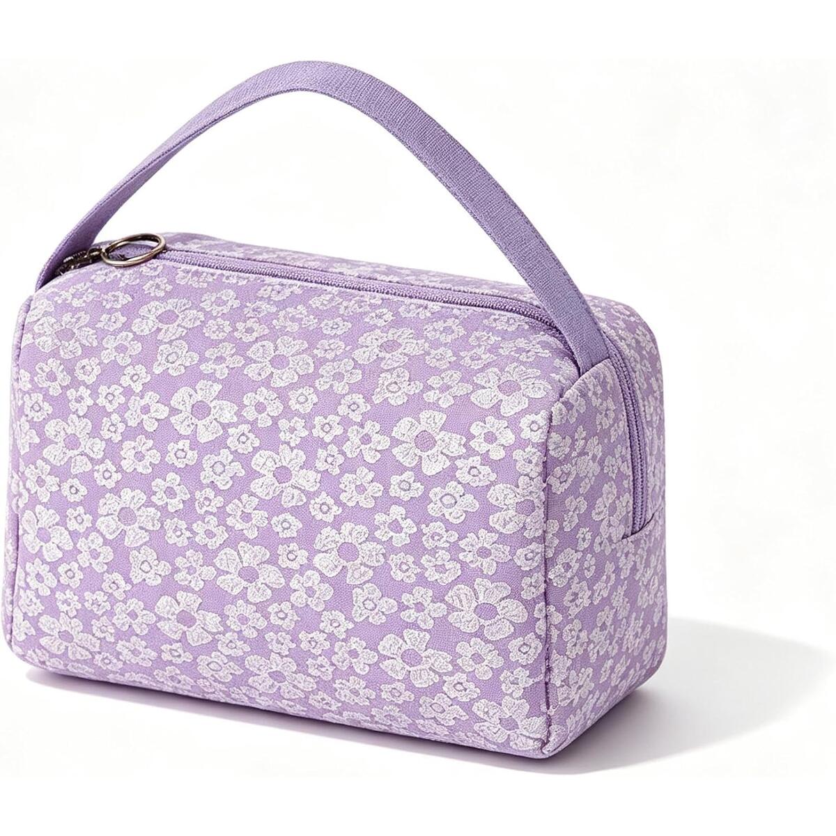 Floral Embossed Cosmetic Bag with Carry Handle, Lavender