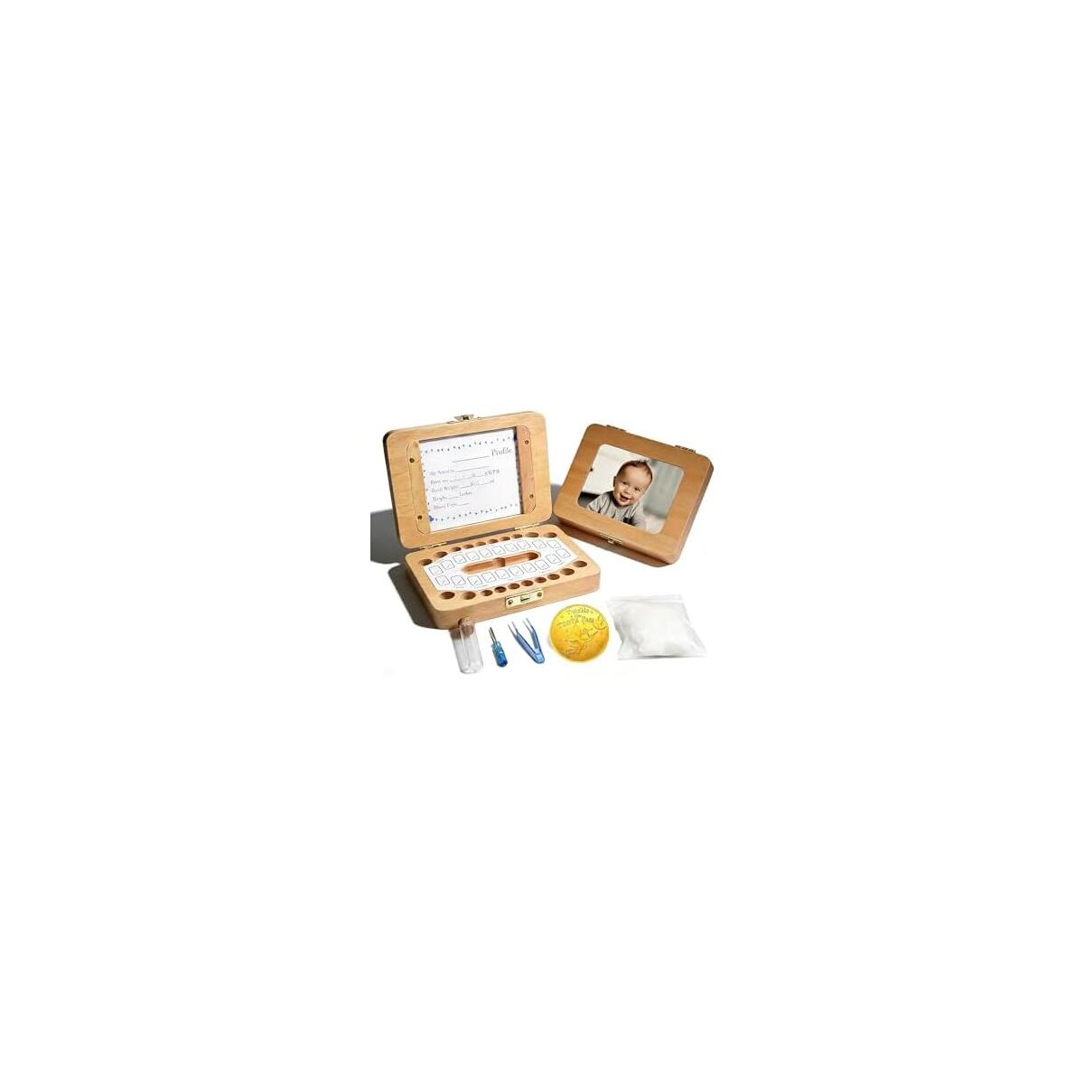 Tooth Fairy Tooth Holder, Handcrafted Natural Wood Storage Box with Fairy Gold Coin, Ideal for Baby Teeth Umbilical Cord Lanugo, Odorless Non-toxic Keepsake Organizer for Lost Teeth (Middle)