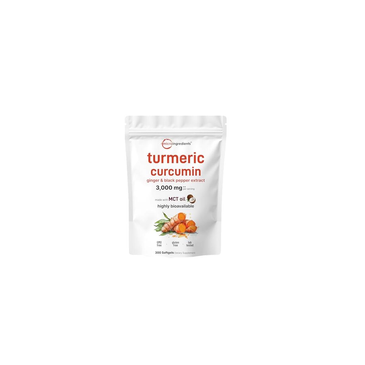 Turmeric Curcumin Supplement with Black Pepper & Ginger 3,000mg, 300 Softgels with MCT Oil for Better Absorption | 95% Curcuminoids | Non-GMO
