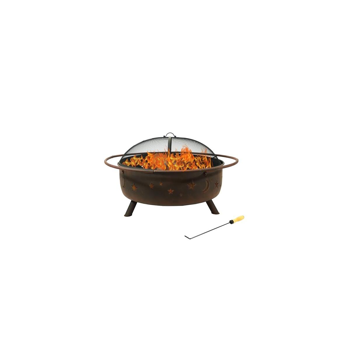 Sunnydaze Cosmic 42-Inch Large Outdoor Fire Pit - Wood-Burning Fire Pit with Round Spark Screen, Poker, and Built-in Grate