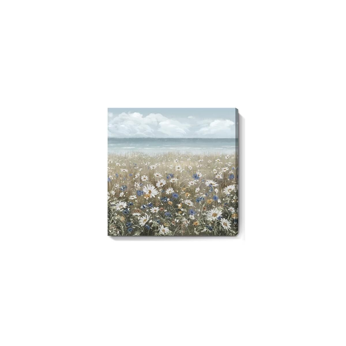 Canvas Wall Art Beach Floral Wall Picture Coastal Boho Farmhouse Daisy Flowers Nautical Sea Ocean Wildflowers Canvas Print Vintage Artwork for Small Rustic Bathroom Bedroom Living Room Office Décor