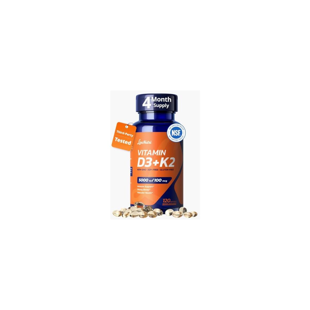 Vitamin D3 K2 5000IU MK7 100mcg, 120 Softgels, Third Party Tested | Non-GMO &middot; Soy Free &middot; Gluten Free &middot; Keto, K2 D3 Vitamin Supplement, Easy to Swallow for Bone & Heart Health, 4-Month Supply
