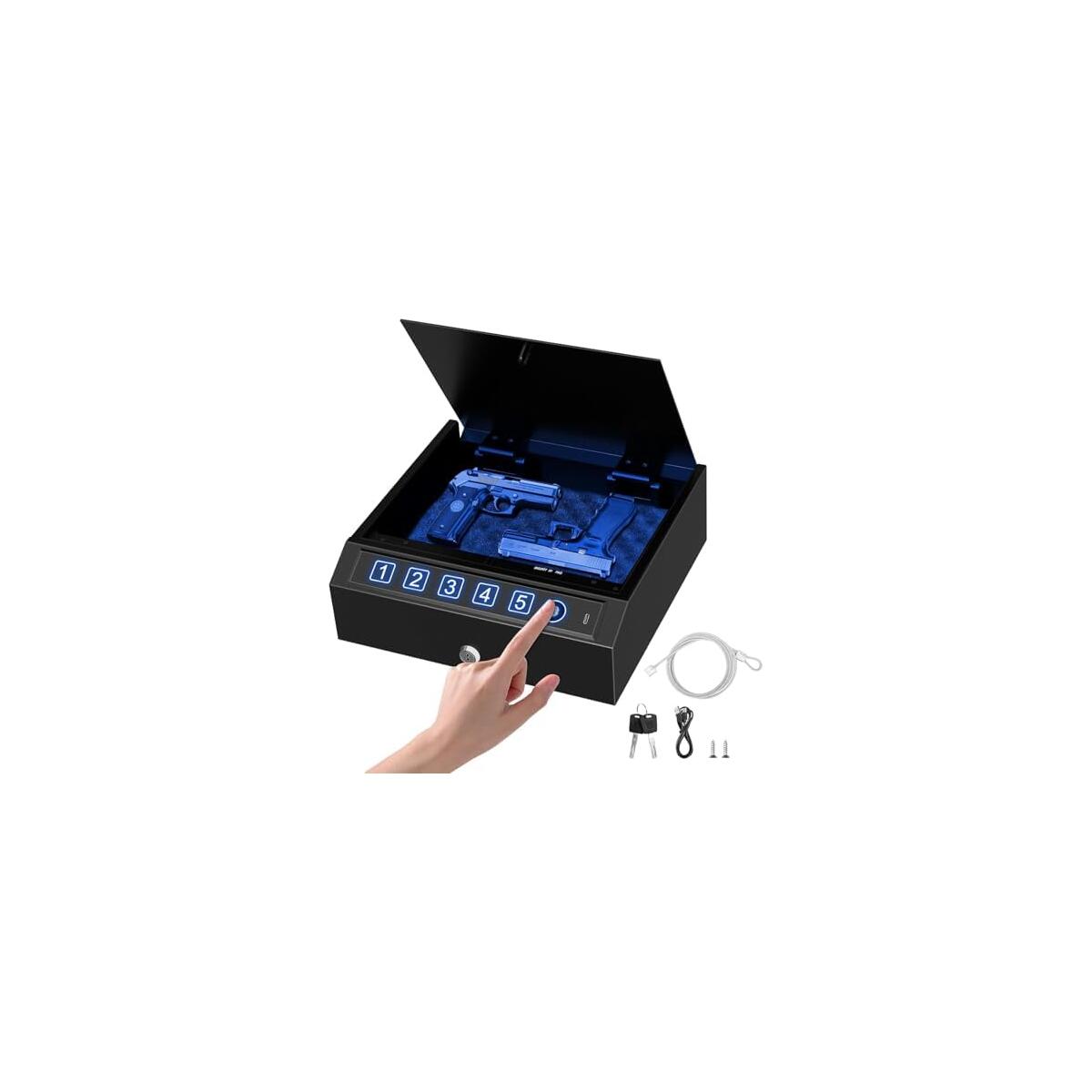 Biometric Gun Safe for Handgun 3-Ways unlock Fingerprint Digital PIN Key Unlock Pistol Safe with Security Cable Gun Lock Box With Interior Light For Nightstand Car & Home Security Wall safe