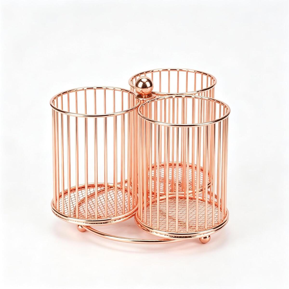 Rose Gold 3-Compartment Rotating Metal Wire Desk Organizer