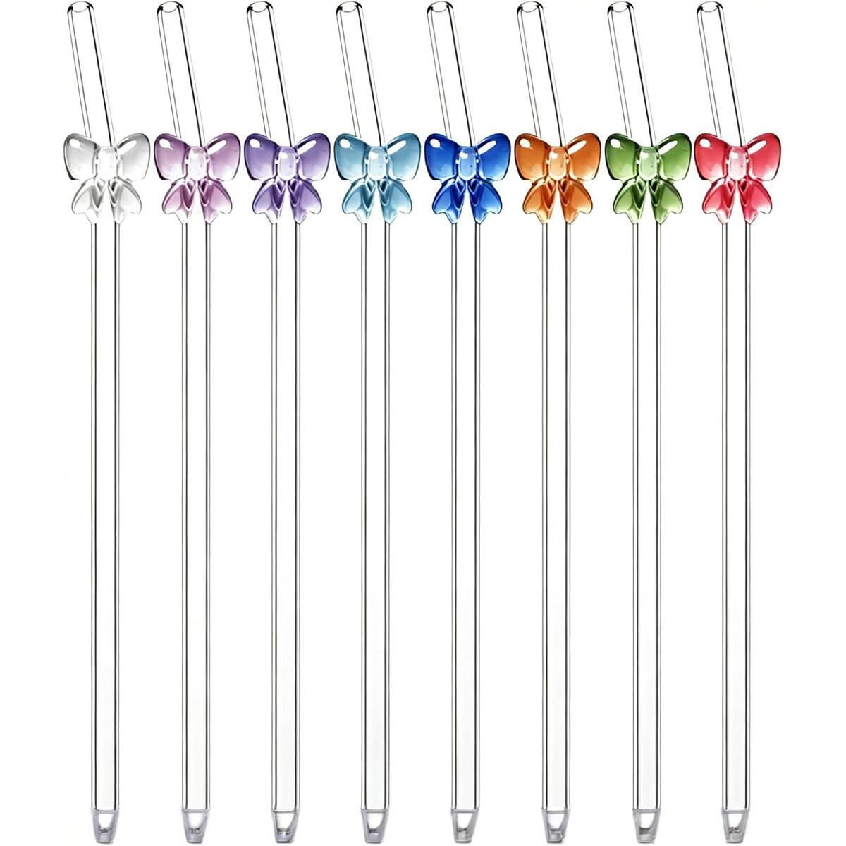 8 Pcs Bowknot Glass Straws with 3D Bow Ornament