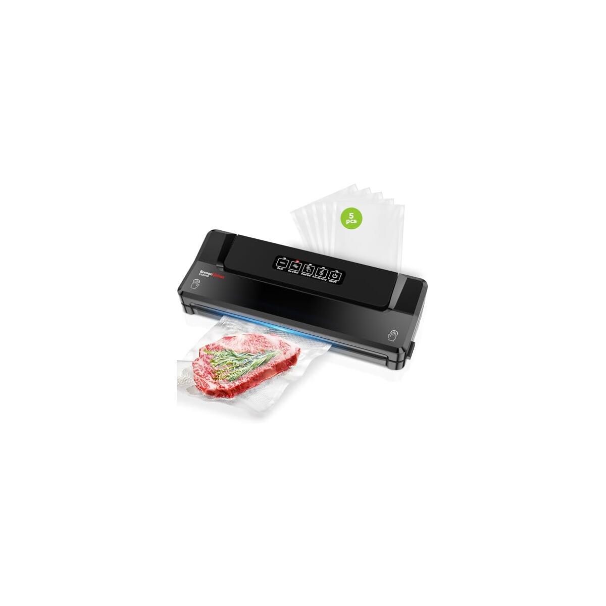 Bonsenkitchen Vacuum Sealer Machine | Compact Food Sealer for Kitchen Storage & Meal Prep | Multiple Modes​​ | External Vacuum System | 5 Bags, Black