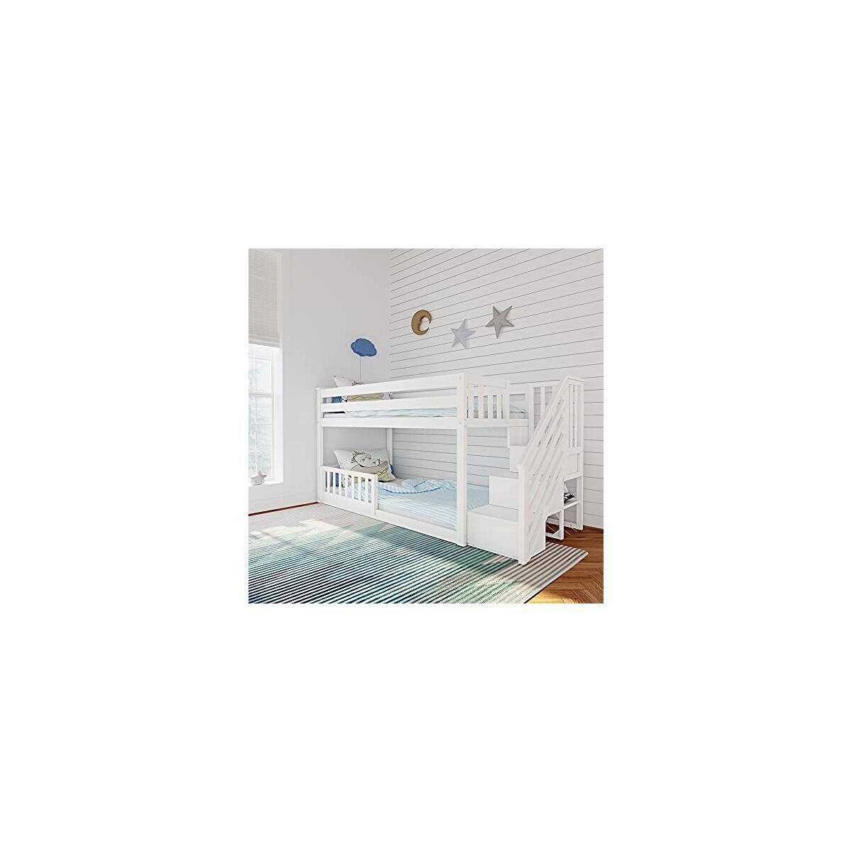 Low Bunk with Stairs and Single Guard Rail, White