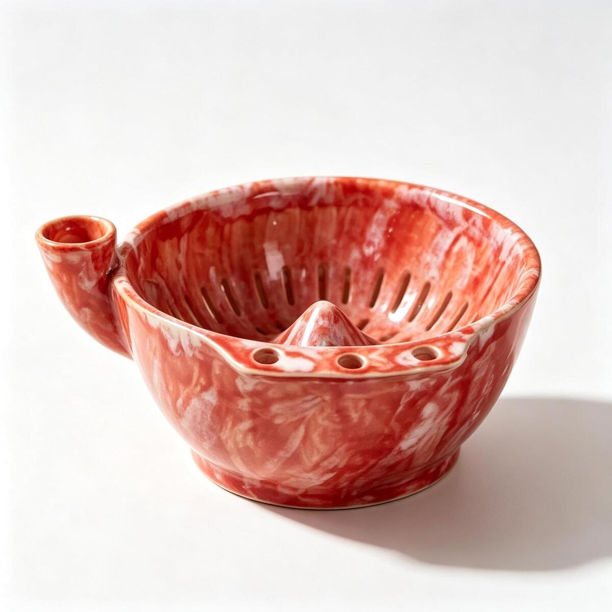 Ceramic Fruit Bowl Colander Strainer with Handle, Coral-Red