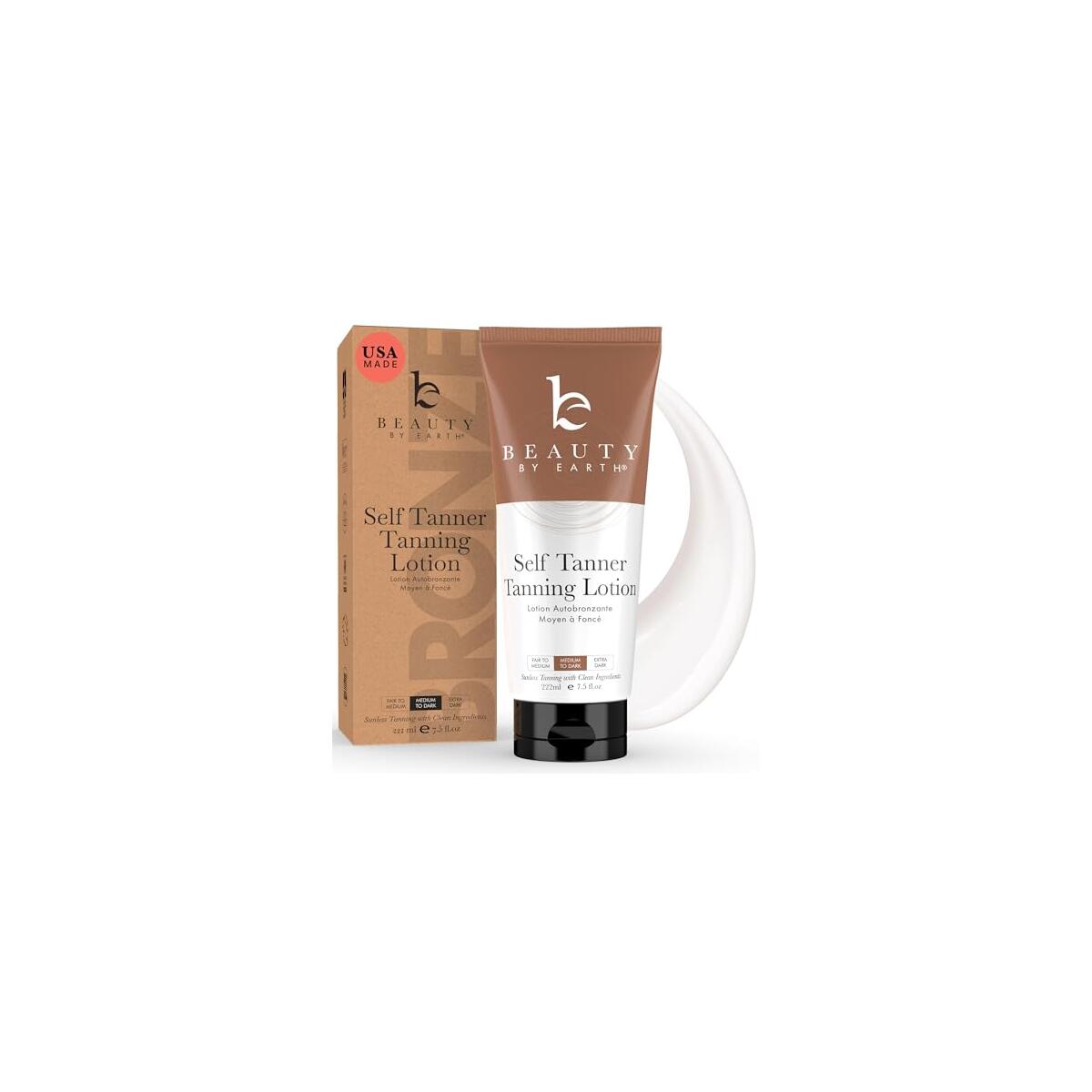 Beauty by Earth Self Tanner - USA Made with Natural & Organic Ingredients, Moisturizing Self Tanning Lotion with Aloe Vera & Coconut for a Natural Glow, Streak-Free Fake Tan, Medium to Dark