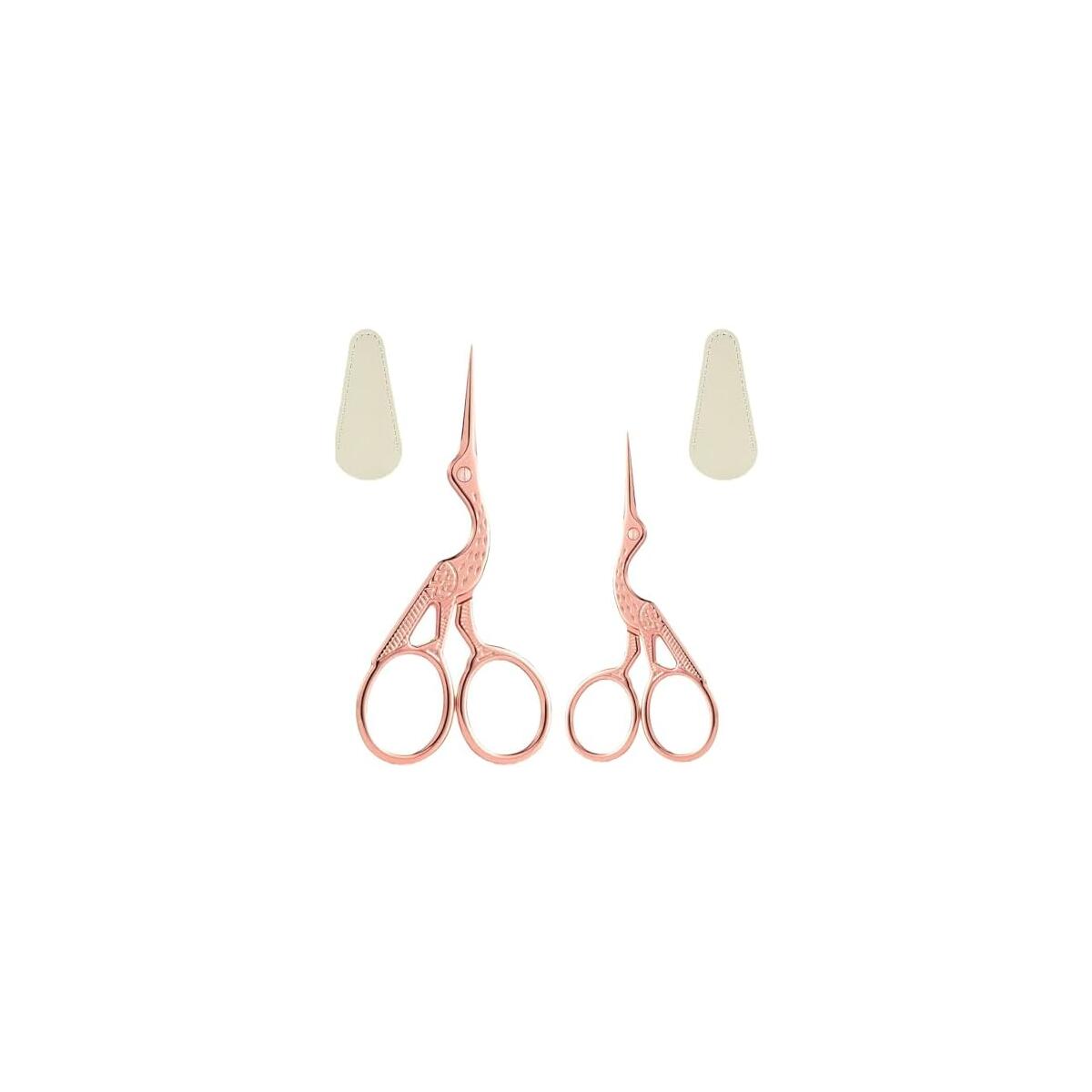 2 PCS Rose Gold Stork Embroidery Scissors with Leather Covers, 4.5 Inch & 3.7 Inch Stainless Steel Small Sewing Scissiors, For Precision Cutting DIY Craft Cross Stitch Tailoring Floral Trimming