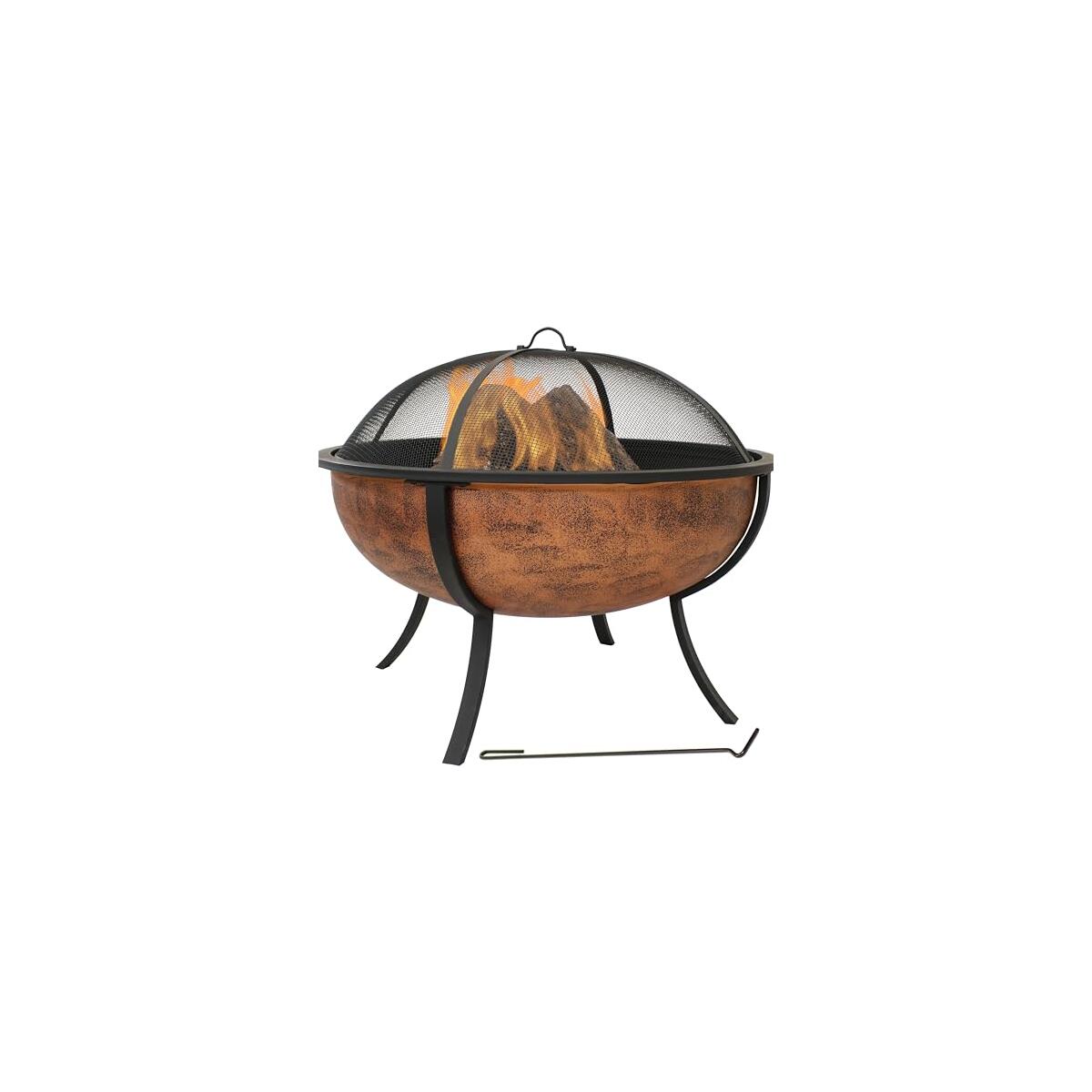 Sunnydaze 32-Inch Copper Fire Pit for Outside - Wood-Burning Fire Pit Bowl with Spark Screen, Wood Grate, and Poker