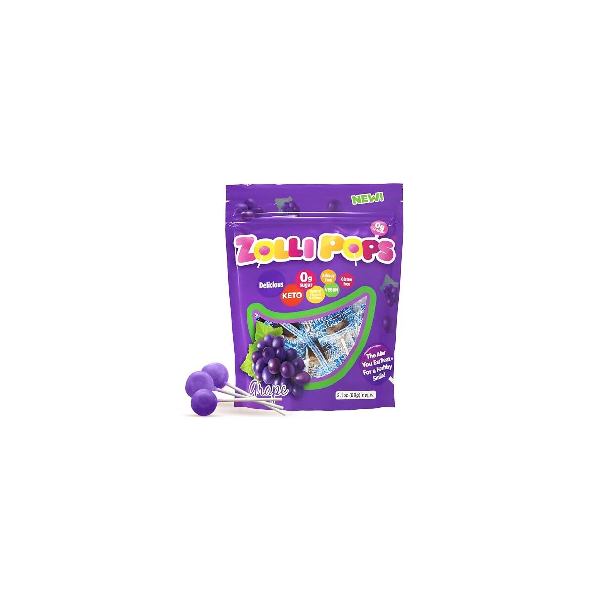 Zollipops Clean Teeth Pops Sugar Free Candy with Xylitol, Dye-Free Lollipops - Keto & Diabetic-Friendly, Dentist-Approved Treats for Kids (Grape, 3.1 oz)