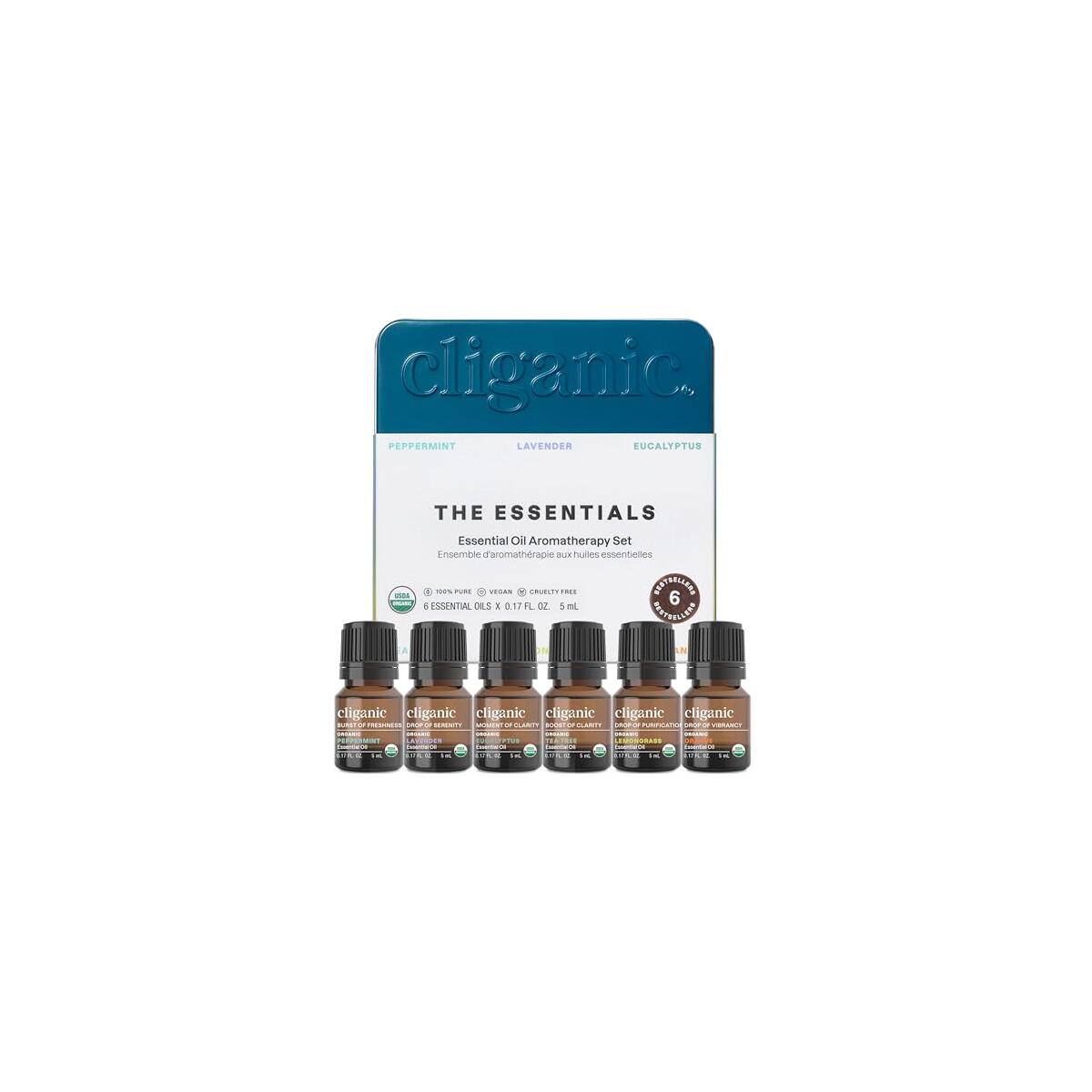 Cliganic Organic Aromatherapy Essential Oils Set (Top 6 - The Essentials), 100% Pure Natural - Peppermint, Lavender, Eucalyptus, Tea Tree, Lemongrass & Orange (Packaging May Vary)