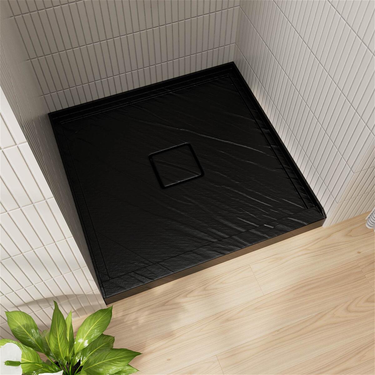 Giving Tree 36" x 36" Acrylic Shower Base, Single Threshold Shower Pan, Center Drain Hole, Slip-Resistant, Matte Black with Rock Pattern