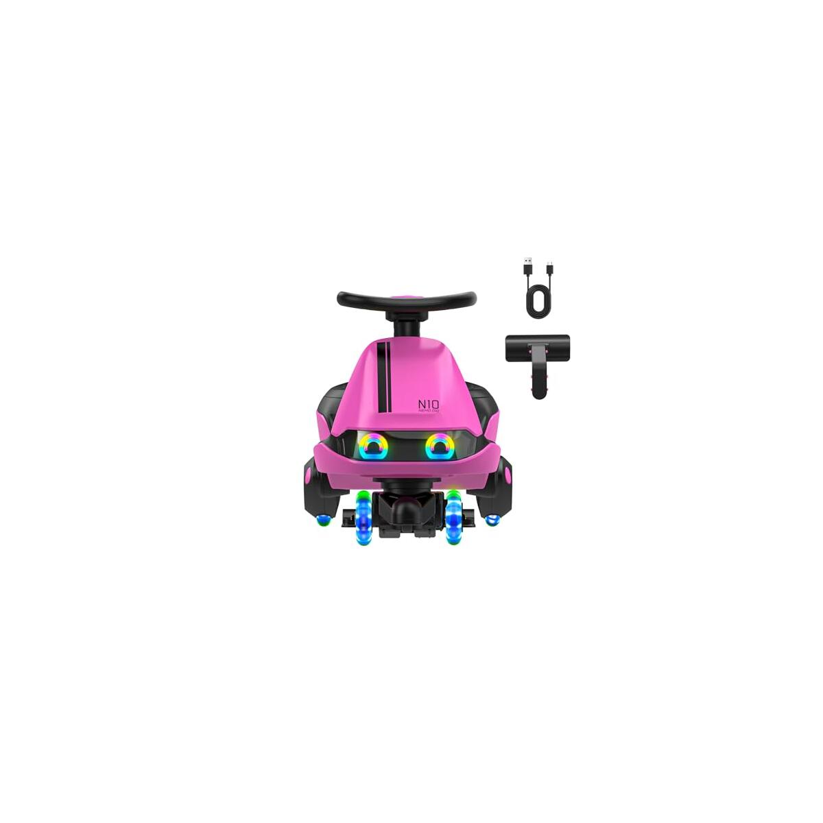 Prime Discount! Prime!  FanttikRide N10 Classic Electric Wiggle Car with Pedal, Type-C Rechargeable Battery, One-Click Detachable Mop, GlideWiz, Anti-Rollover, Flashing Wheels, Bluetooth, for Ages 3 and Up, 150 Lbs, Pink