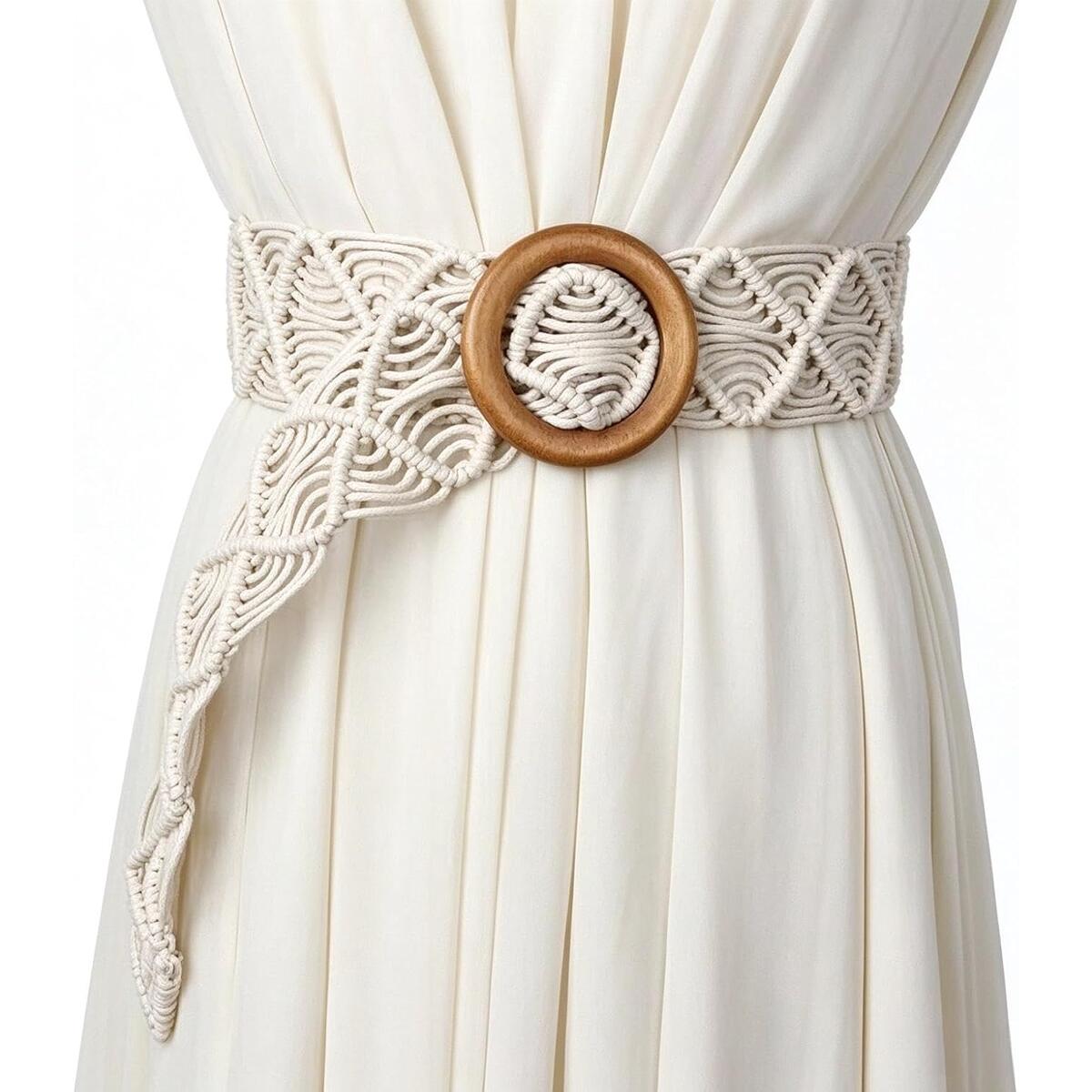 Bohemian Wide Woven Belt with Rattan Circle Buckle