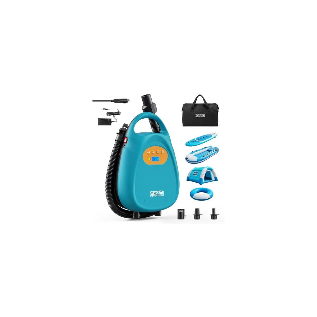 Seesii Cordless Paddle Board Pump Electric, Rechargeable 20PSI SUP Pump, Intelligent Dual Stage Fast Inflation & Deflation, Portable High Pressure Auto-Off Air Pump for Paddleboards, Boat, Kayaks