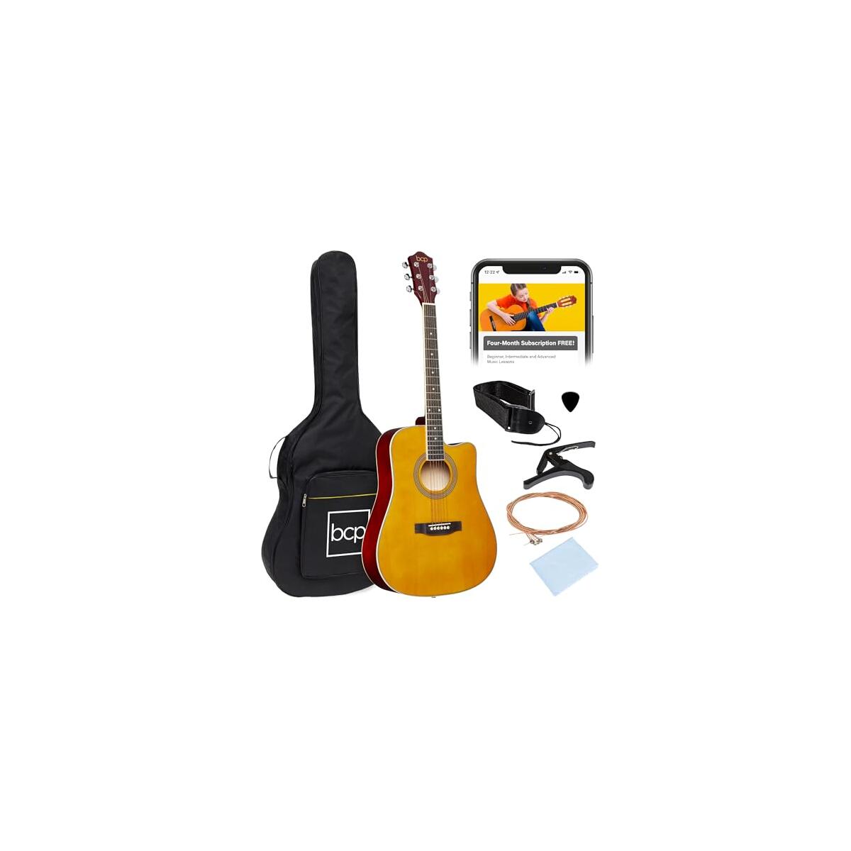 Best Choice Products 41in Beginner Acoustic Guitar Full Size All Wood Cutaway Guitar Starter Set w/Case, Strap, Capo, Strings, Picks - Aged Natural