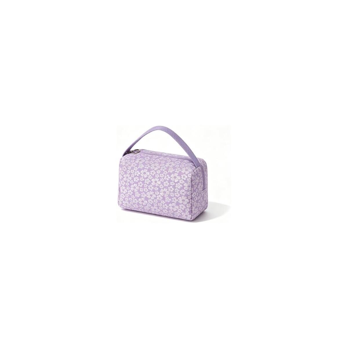 Floral Embossed Cosmetic Bag with Carry Handle, Lavender | Large Capacity Storage, Water-Resistant Fabric, Smooth Metal Zipper, 20x13x12 cm Size, Travel Toiletry Pouch
