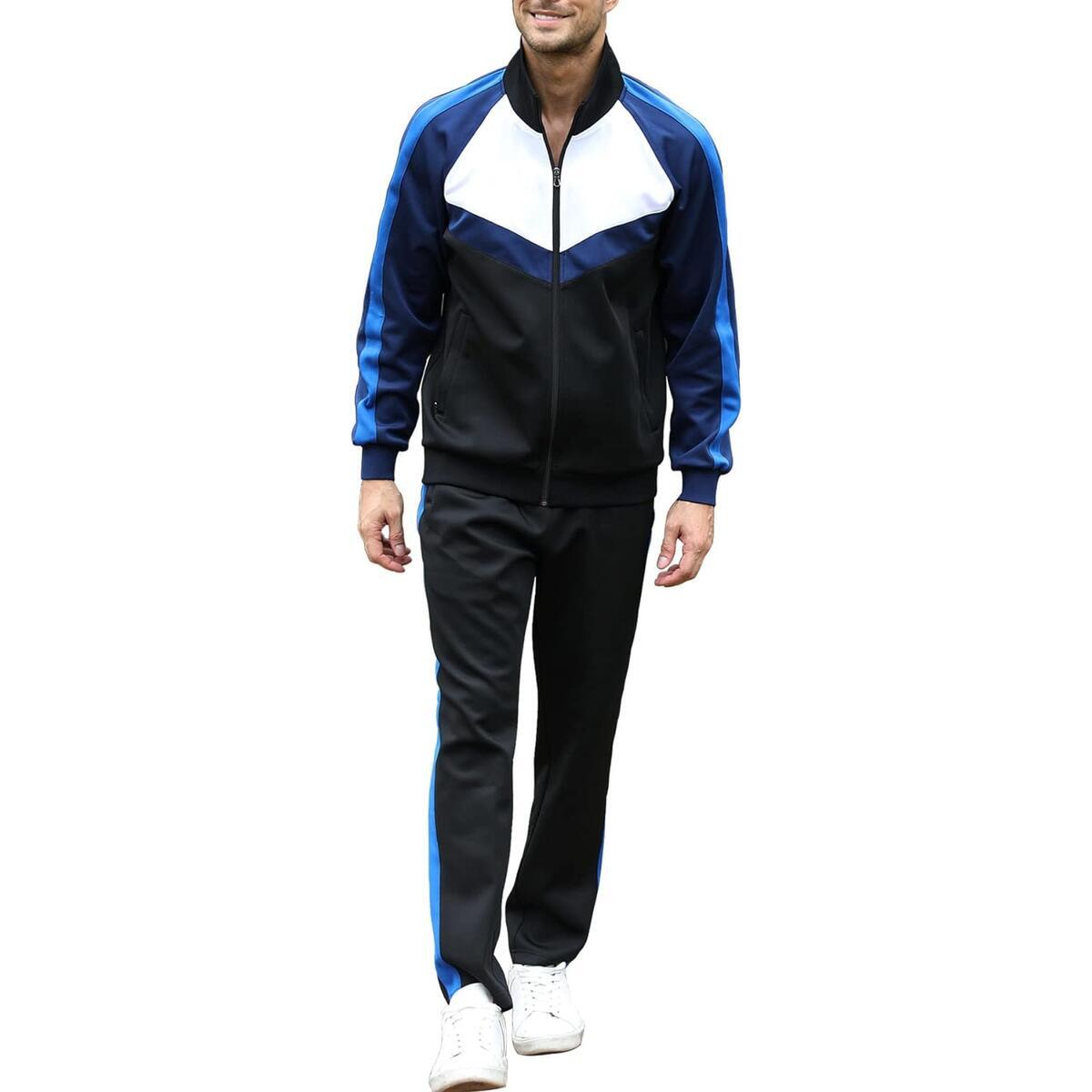 Men's Tracksuits Set 2 Piece Athletic Full Zip Track Suits Workout Jogging Sweatsuit Sets for Men Black Blue Large