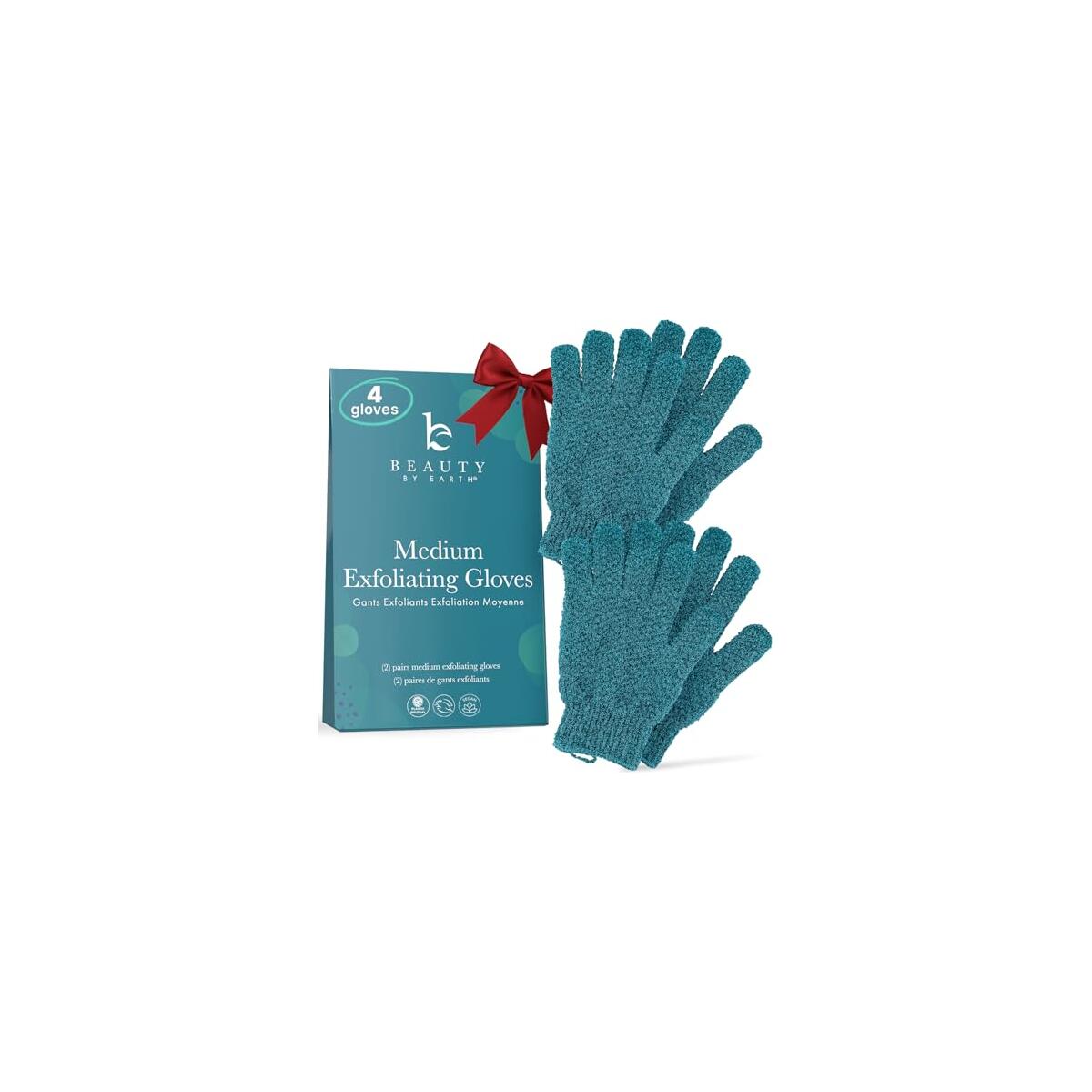 Exfoliating Glove (4 pcs, 2 Pairs) - Medium Shower Gloves for Body Scrub, Exfoliates & Removes Dead Skin, Stocking Stuffers for Women and Men
