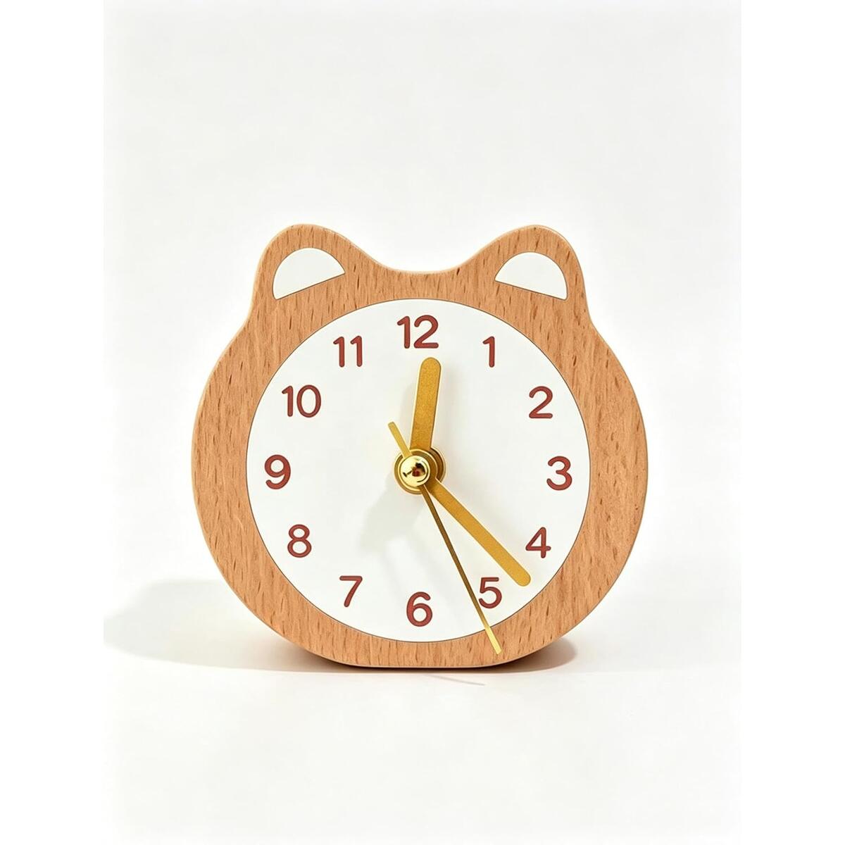 Wooden Cat Shaped Analog Desk Clock, Beech Wood