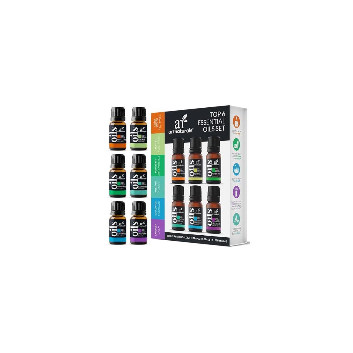ArtNaturals Aromatherapy Top-6 Essential Oil Set - (6 x 10ml Bottles) - 100% Pure of The Highest Therapeutic Grade - Premium Gift Set &ndash; Lavender, Peppermint, Tea Tree, Eucalyptus